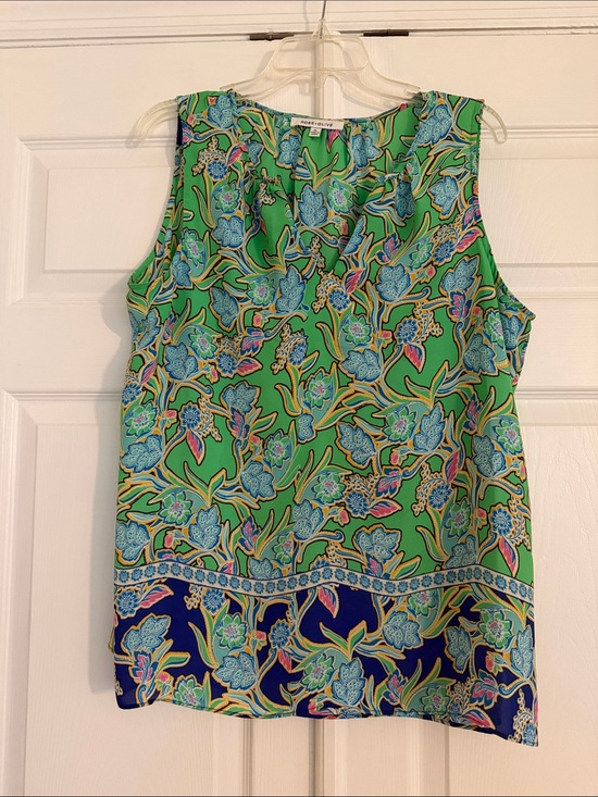 Rose & Olive Tops - Rose&Olive Green Floral Sleeveless Camisole with Blue Border
